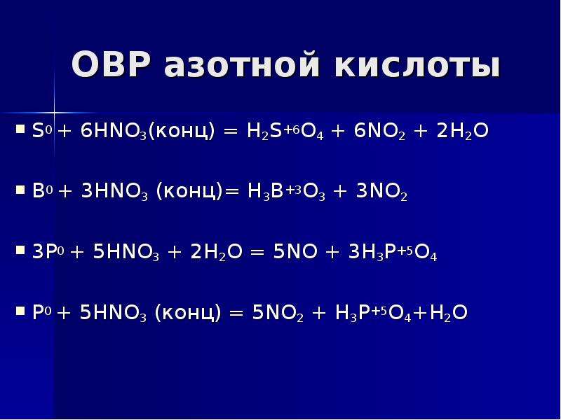 Н s o. No2 h2o o2 hno3 ОВР. H2s ОВР. P hno3 конц. Окислительно восстановительные реакции с азотной кислотой.