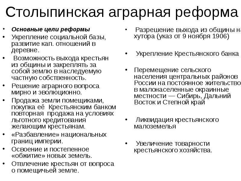 Аграрная реформа столыпина. Столыпинская Аграрная реформа причины цели. Аграрная реформа Столыпина (цель, суть и итоги). Основные пункты аграрной реформы Столыпина. Столыпинская реформа 1906-1917 кратко.