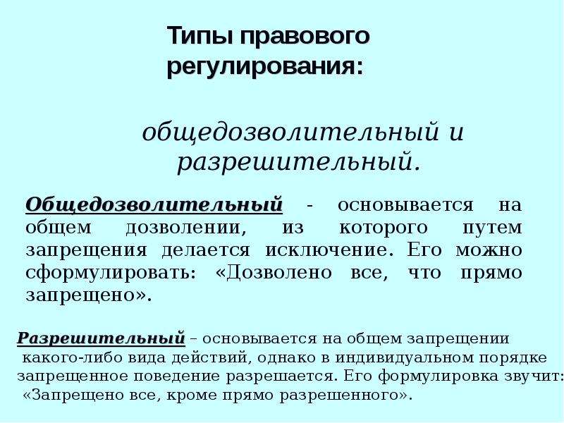 Осуществление правового регулирования. Типы правового регулирования. Общедозволительный Тип правового регулирования. Разрешительный Тип правового регулирования. Типы юридического регулирования.