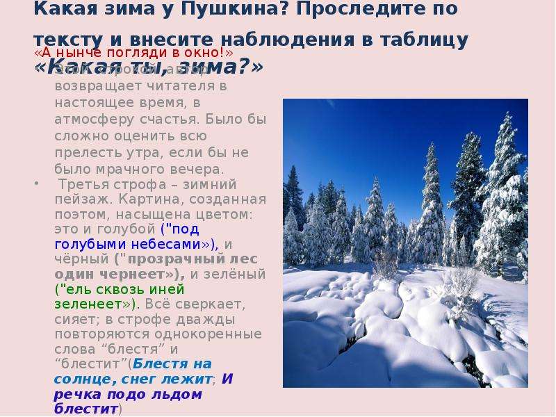 Какая зима текст. Зима какая. Анализ стих Пушкина о зиме. Таблица зимнее утро. А нынче погляди в окно стих.