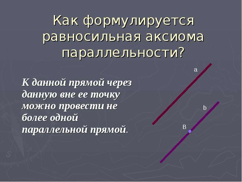 Проведите прямую параллельную данной. Через параллельные прямые можно провести. Две параллельные прямые не пересекаются Аксиома. Аксиома пересечения прямых. Аксиомы геометрии Аксиома параллельных прямых.