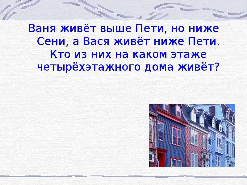 Выше живущие. Ваня живет выше Пети но ниже сени. Кто на каком этаже живет. Ваня живет выше Пети но ниже сени а Коля живет ниже Пети. Коля выше Пети но ниже Васи.