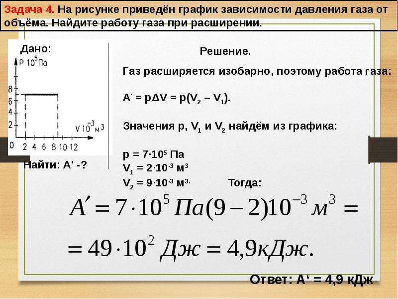 На рисунке приведен график зависимости давления газа от объема найдите работу газа при расширении