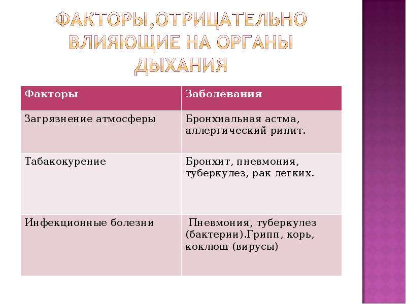 Заболевание органов дыхания биология. Факторы влияющие на дыхательную систему. Факторы негативно влияющие на дыхательную систему. Факторы негативно влияющие на органы дыхания. Факторы положительно влияющие на дыхательную систему.