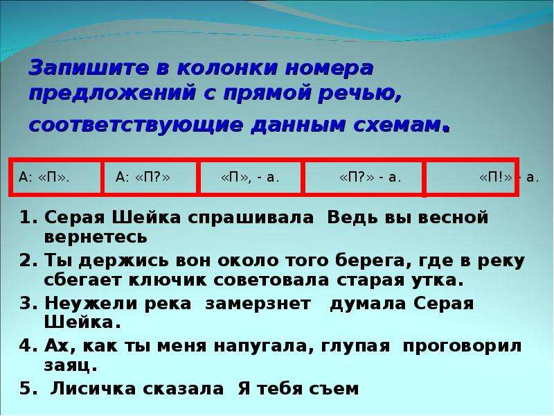 Рассмотри схемы предложений и проиллюстрируйте каждую из них предложениями из предложенных а п