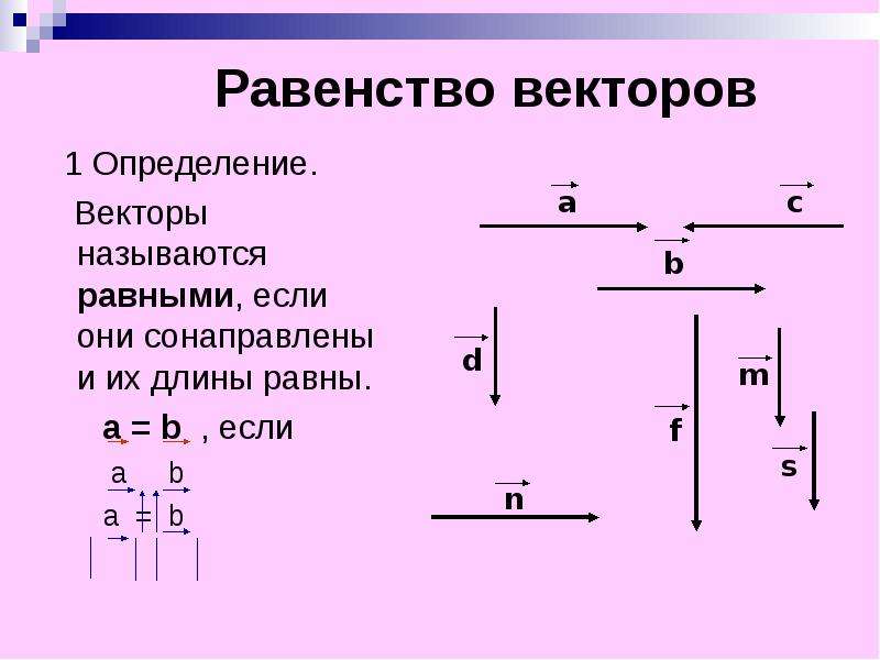 Равенство векторов. Векторы называются равными, если они сонаправлены. Как называются векторы, если они сонаправлены и их длины равны?. Векторы равны если они сонаправлены и их длины равны. Если вектора не сонаправлены, они равны?.