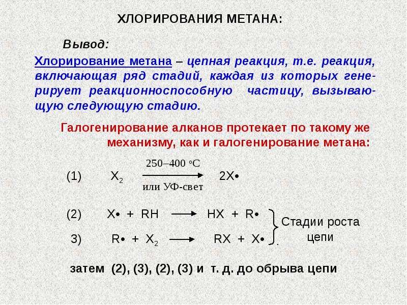 Уравнение бромирования метана. Радикальный механизм реакции хлорирования метана. Механизм реакций радикального замещения метана. Цепная реакция хлорирования метана. Механизм реакции хлорирования алканов.