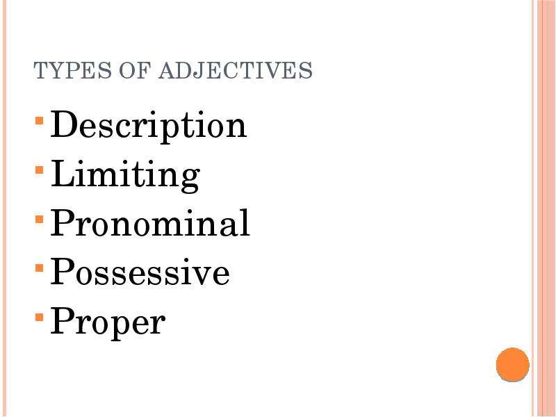 Kind прилагательное. Kinds of adjectives. Types of adjectives. Limiting adjectives. Limiting and descriptive adjectives.