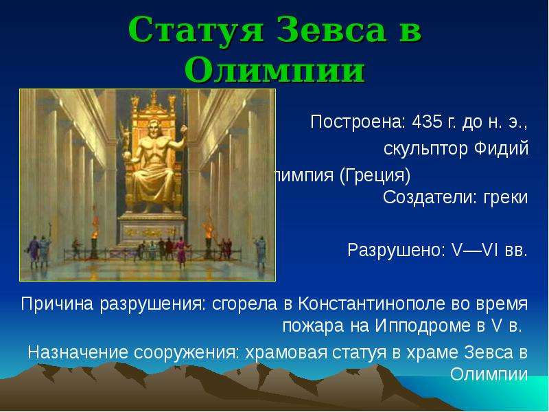 Описание статуи зевса. Семь чудес древнего мира статуя Зевса в Олимпии. Статуя Зевса олимпийского (435 г. до н. э.). Статуя Зевса в Олимпии (Олимпия, 435 г. .... 7 Чудес света Зевс Олимпийский.