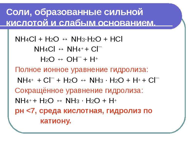 Соли, образованные сильной кислотой и слабым основанием. NH4Cl + H2O ↔ NH3·H2О + НСl NH4Cl ↔ NH4+ +