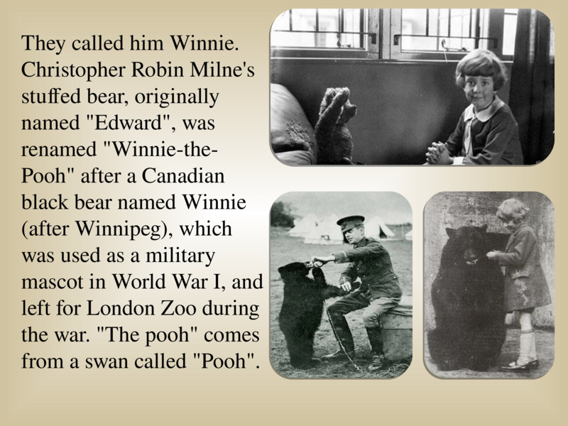   They called him Winnie. Christopher Robin Milne's stuffed bear, originally named "Edward", was renamed "Winnie-the-Pooh" after a Canadian black bear named Winnie (after Winnipeg), which was used as a military mascot in World War I, and left for London Zoo during the war. "The pooh" comes from a swan called "Pooh".  