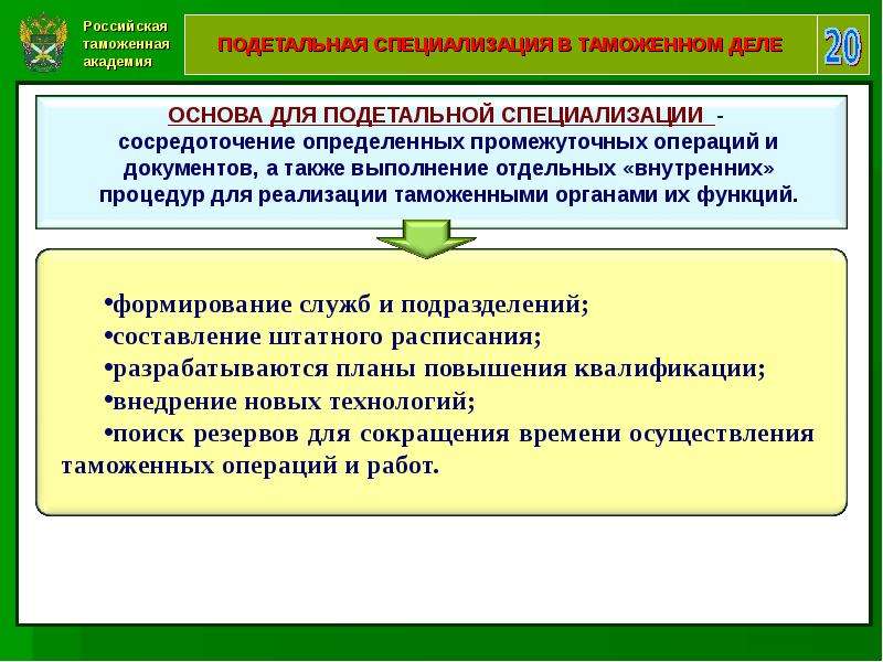 Сфера таможенного дела. Предметная специализация таможни. Детальная специализация таможня.