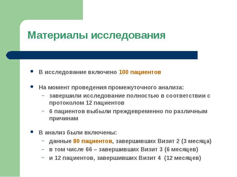 Включи 100. О проведении промежуточного анализа. Презентация объем исследования 12 пациентов. Чем завершается исследование. Визит преждевременного завершения исследования.