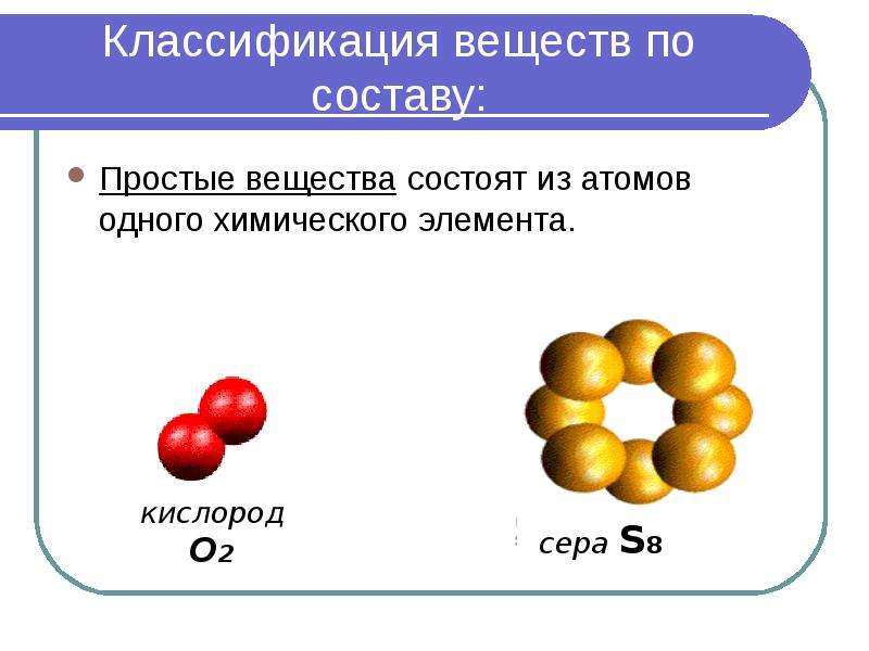 Классификация веществ по составу: Простые вещества состоят из атомов одного химического элемента.
