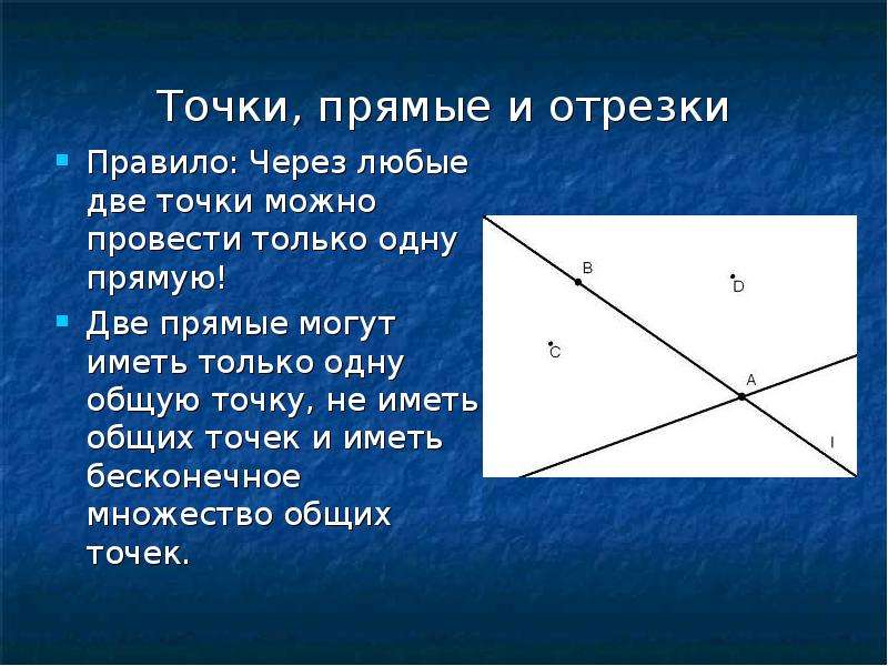 Точки, прямые и отрезки Правило: Через любые две точки можно провести только одну прямую! Две прямые