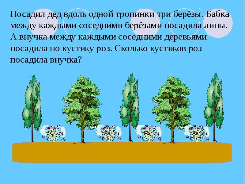 Задача вдоль. Посадил дед вдоль одной тропинки три березы. Липы и березы посадили. Расстояние между березами для посадки. Как посадить три березы.