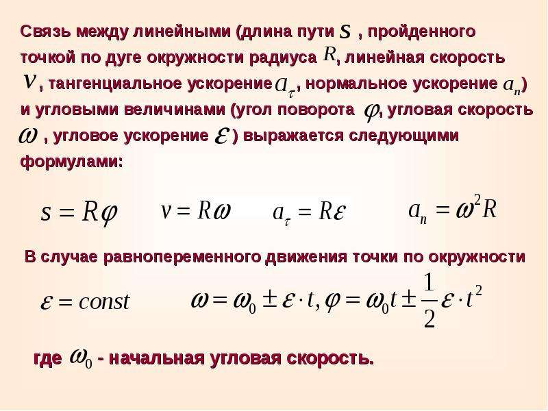 Уравнение пройденного пути. Связь между линейными и угловыми величинами. Формулы связи между линейными и угловыми величинами. Путь пройденный точкой по окружности. Связь между тангенциальным и угловым ускорением.