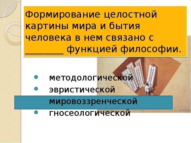 Функция философии выполняющая миссию формирования целостной картины мира и бытия человека