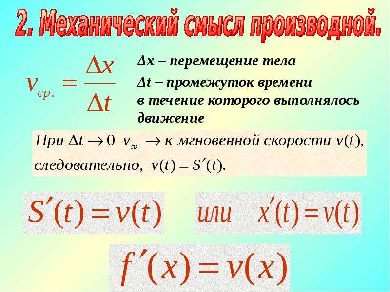 Механический смысл производной. Производная перемещения. Мгновенная скорость в производной. Производная движения. Формула мгновенной скорости в алгебре.