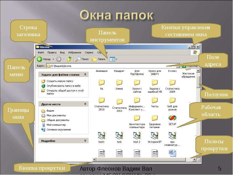 Элементы папок. Элементы окна папки Windows. Основные элементы окон папок. Структура окна папки. Основные элементы акнопапки.