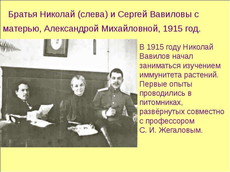 Братья Николай (слева) и Сергей Вавиловы с матерью, Александрой Михайловной, 1915 год. В 1915 году Н