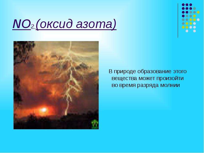 


NO2 (оксид азота)
   В природе образование этого вещества может произойти во время разряда молнии
