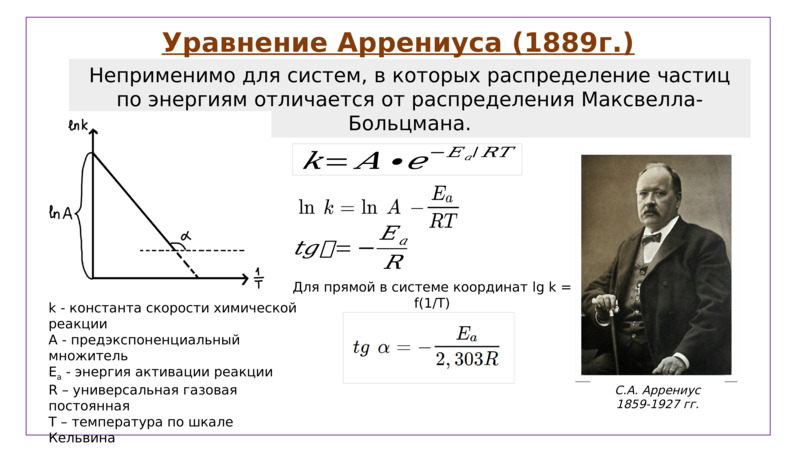   Уравнение Аррениуса (1889г.)  Неприменимо для систем, в которых распределение частиц по энергиям отличается от распределения Максвелла-Больцмана.  С.А. Аррениус  1859-1927 гг.  k - константа скорости химической реакции  A - предэкспоненциальный множитель  Ea - энергия активации реакции  R – универсальная газовая постоянная  T – температура по шкале Кельвина  Для прямой в системе координат lg k = f(1/T)  