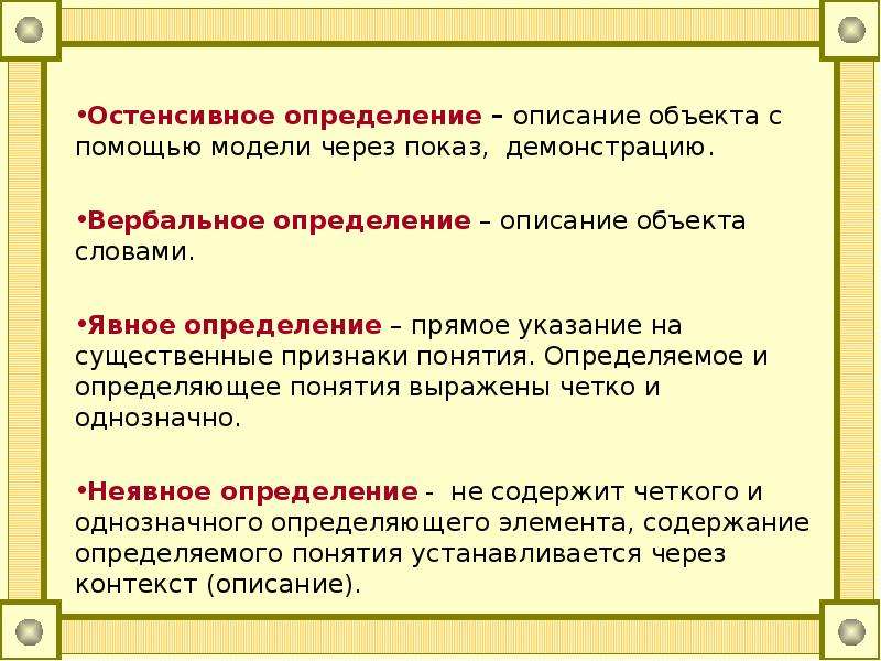 Выявление и описание. Явные определения примеры. Явные и неявные определения. Математические понятия и методика их изучения. Неявные определения примеры.