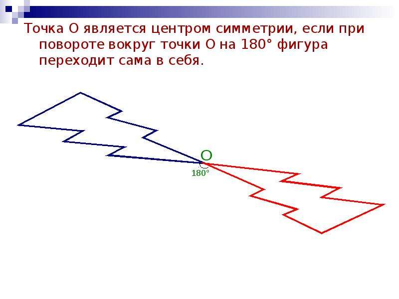 Точка О является центром симметрии, если при повороте вокруг точки О на 180° фигура переходит сама в