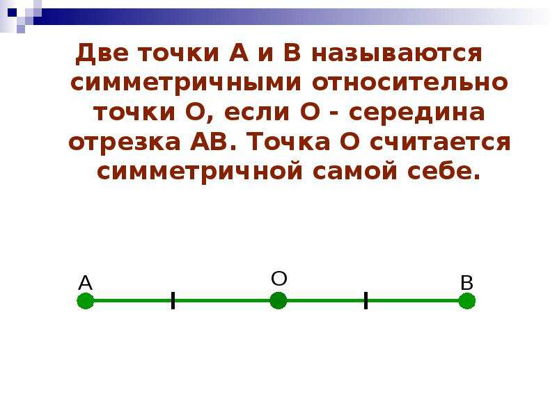 Две точки А и В называются симметричными относительно точки О, если О - середина отрезка АВ. Точка О