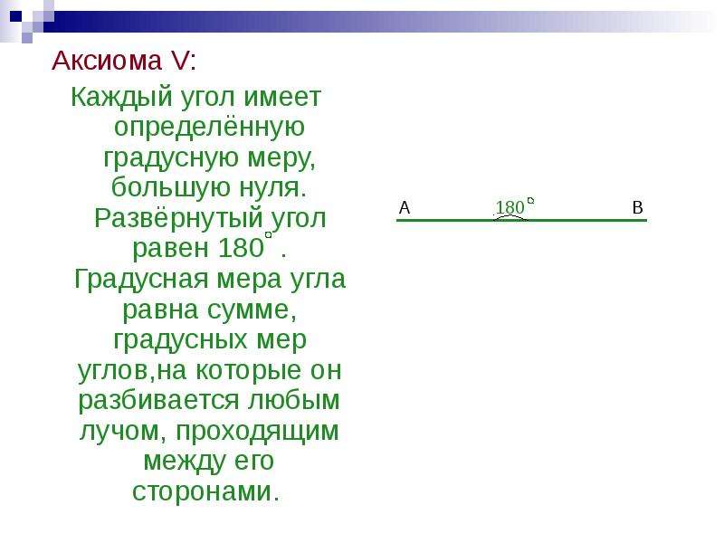 Аксиома V: Аксиома V: Каждый угол имеет определённую градусную меру, большую нуля. Развёрнутый угол
