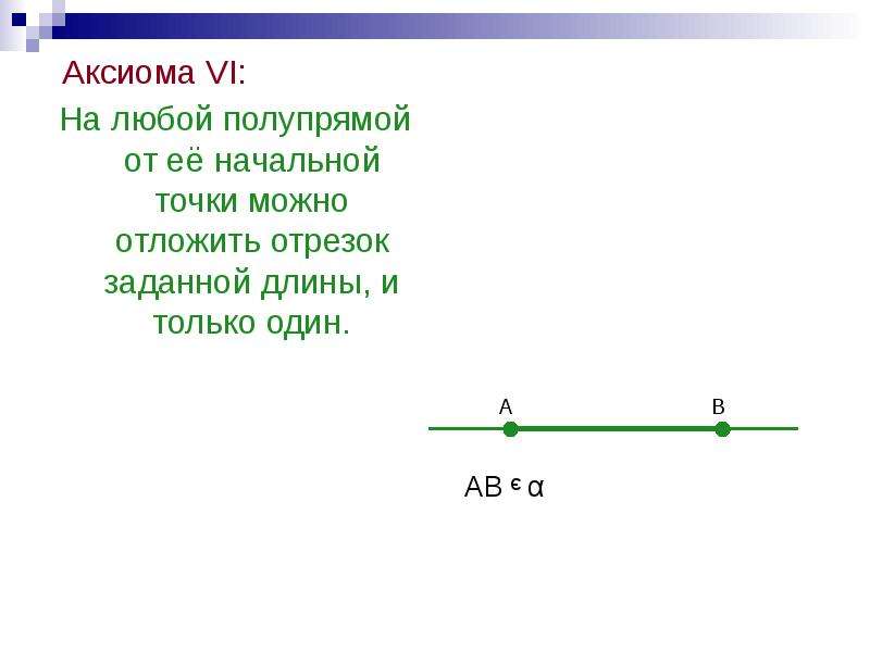 Аксиома VI: Аксиома VI: На любой полупрямой от её начальной точки можно отложить отрезок заданной дл
