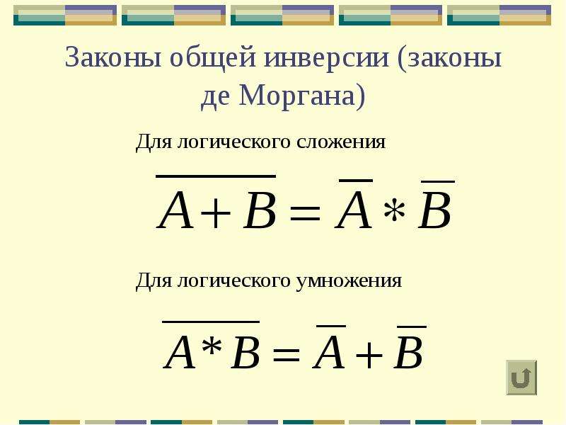 Алгебра де моргана. Закон общей инверсии законы де Моргана. Закон де Моргана в логике. Формулы де Моргана. Закон общей инверсии для логического сложения:.