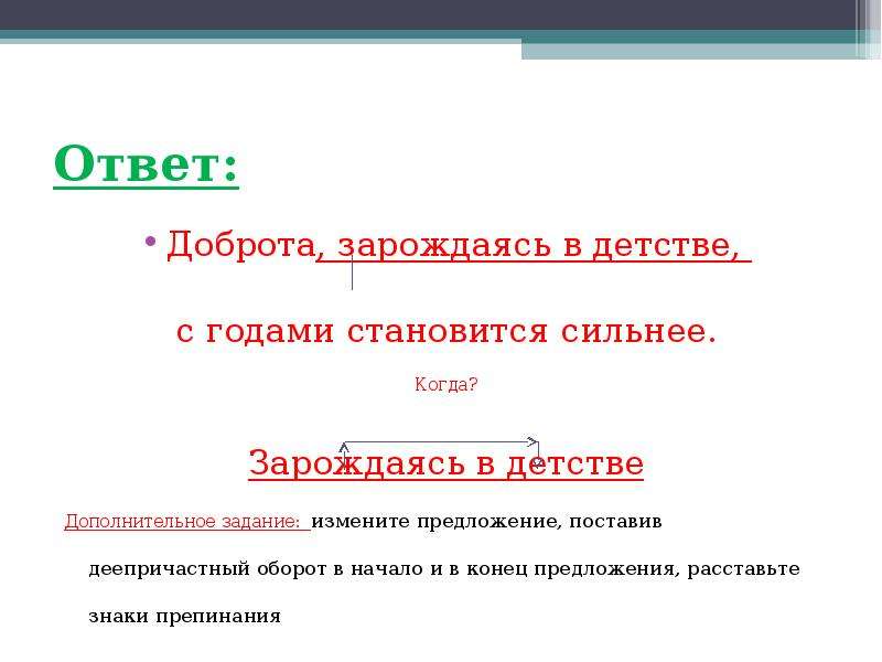 Какие слова в этих предложениях изменяются. Приложение в конце предложения. На конец предложение. Предложение про доброту с деепричастным оборотом. Текст с деепричастным оборотом на тему доброта.