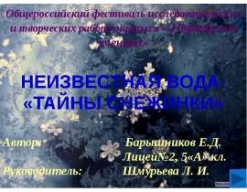 Общероссийский фестиваль исследовательских и творческих работ учащихся « Портфолио ученика» НЕИЗВЕСТНАЯ ВОДА: «ТАЙНЫ СНЕЖ