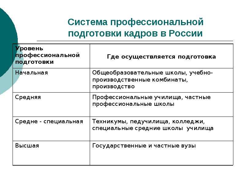 Уровни подготовки кадров. Система профессиональной подготовки педагогических кадров. Система профессиональной подготовки кадров таблица. Система профессиональной подготовки кадров уровни подготовки. Таблица 11 система профессиональной подготовки кадров.