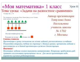 Автор презентации Татузова Анна Васильевна учитель школы 1702 г. Москвы «Моя математика» 1 класс Урок 61 Тема урока: «Задачи на разнос