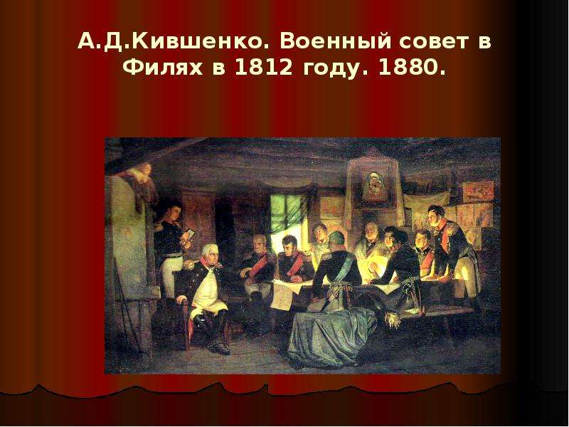 Совет в филях 1812. Военный совет в Филях. А. Д. Кившенко, 1812 г.. Кившенко военный совет в Филях. Война 1812 года военный совет в Филях. Кившенко военный совет в Филях слайд.