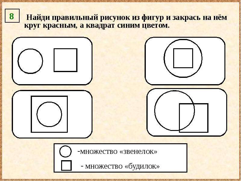 Выберите правильный рисунок. Найди и закрась круги. Рисунки из закрашенных фигур. Область пересечения фигур для дошкольников. Найди правильно фигуру.