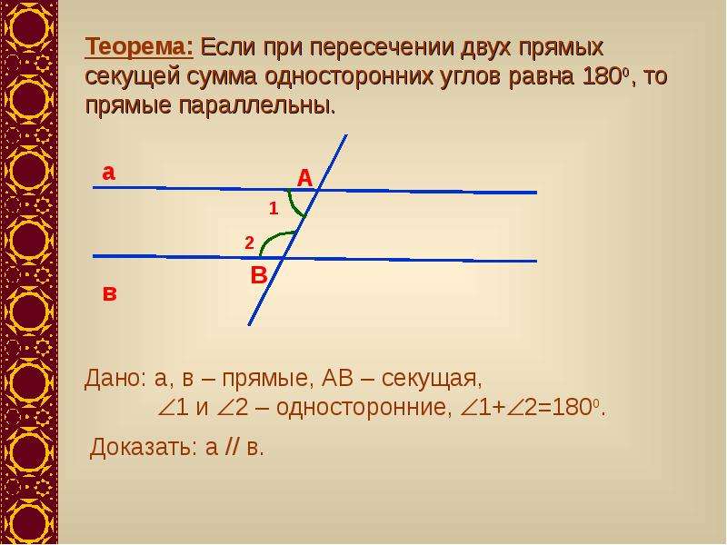 Сумма соответствующих углов равна. При пересечении двух прямых секущей сумма односторонних. Теорема, если при пересечении двух прямых секущей соответственные. Теорема односторонних углов при параллельных прямых. Углы при параллельных прямых.