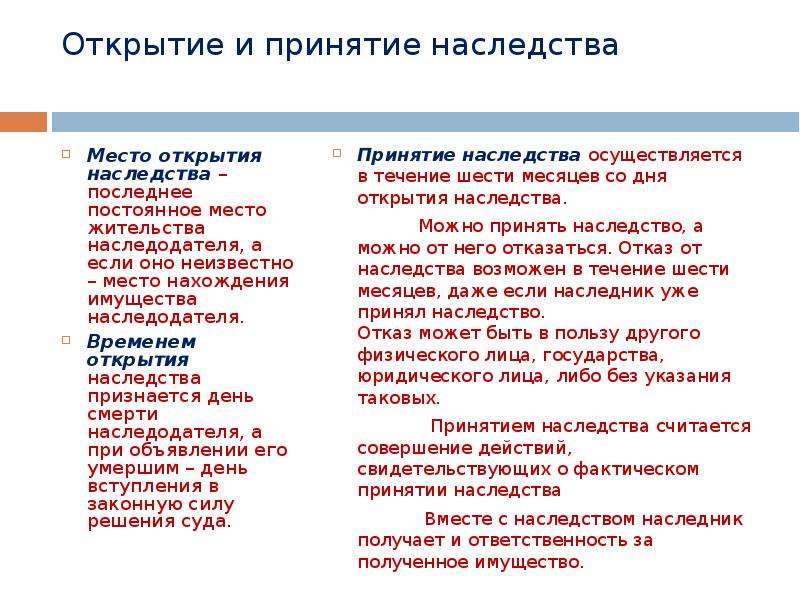 День открытия наследства. Открытие и принятие наследства. Место открытия наследства. Время открытия наследства. Что считается днем открытия наследства.