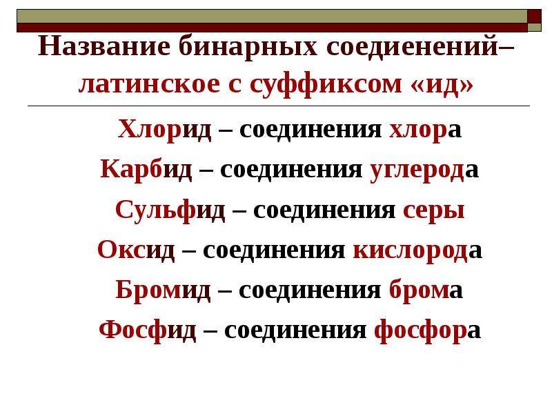 Бинарные названия. Суффикс ИД. Сульфид фосфид. Суффикс ИД В химии. Углерод с суффиксом ИД.