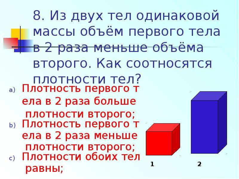 Одинаковые тела. Из двух тел одинаковой массы первое. Тела разного объема. Из двух тел одинаковой массы объем первого тела в 2. Плотность одинаковых тел.