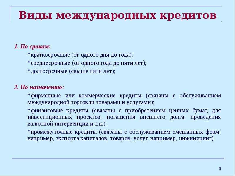 Виды международных кредитов презентация