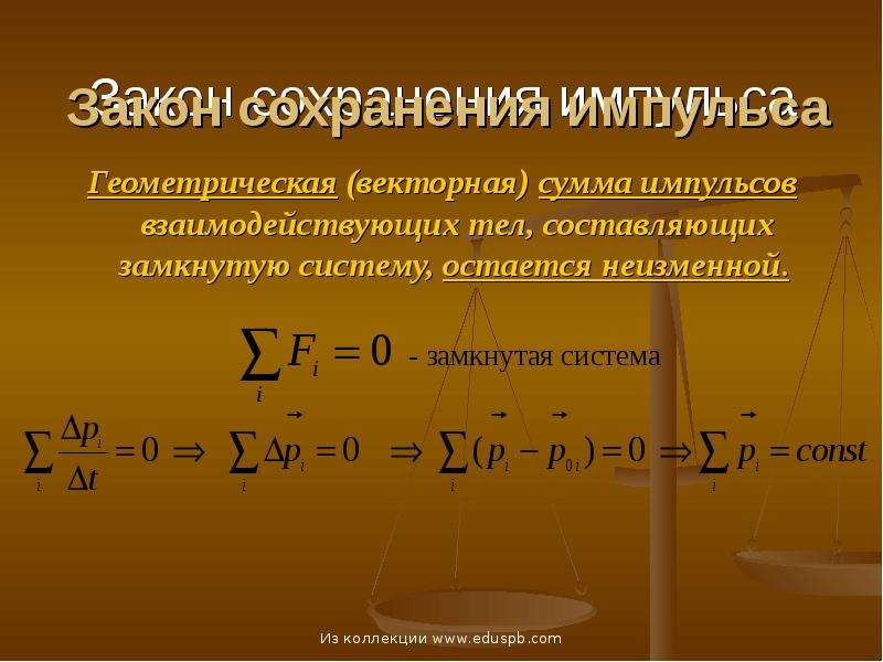 Векторная сумма импульсов тел составляющих замкнутую