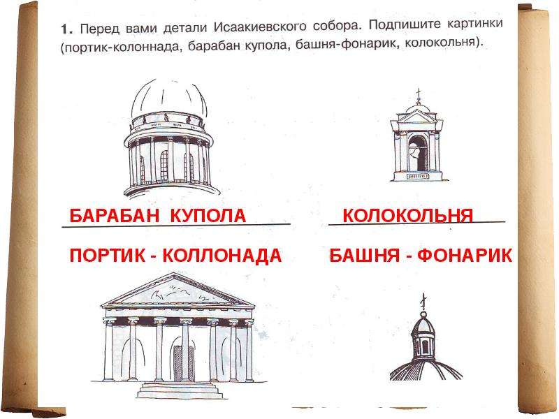 Рассмотрите иллюстрацию соотнесите название и изображение памятника исаакиевский собор