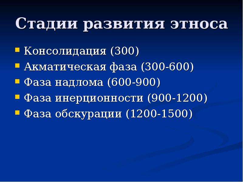 Стадии развития этноса. Фазы развития этноса. Фаза обскурации. Фаза надлома. Этнос в фазе обскурации.