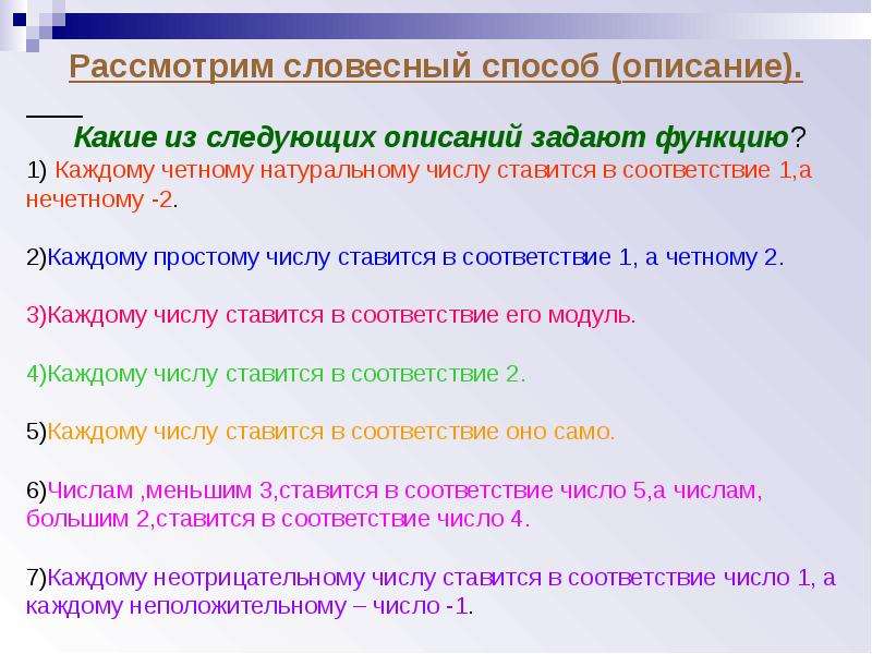 Презентация функции 8 класс. Словесный способ описания функции. Задайте функцию словесным способом. Каждому натуральному числу ставится в соответствие. Функция задается словесным описанием.