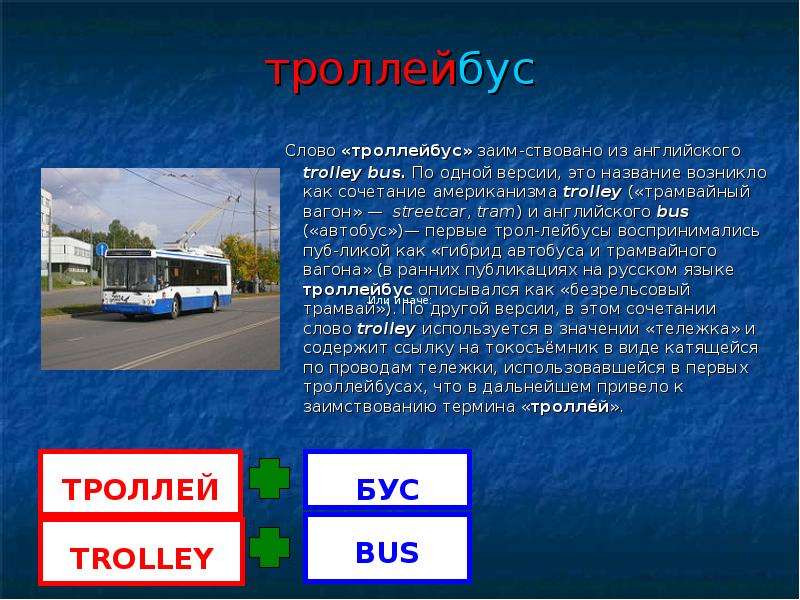 Окончание в слове трамвай. Слово троллейбус. Троллейбус для презентации. Сообщение про троллейбус. Доклад троллейбус.