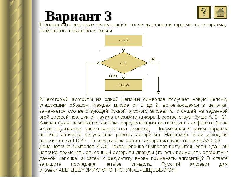 Определите значение переменной c после выполнения алгоритма записанного в виде блок схемы